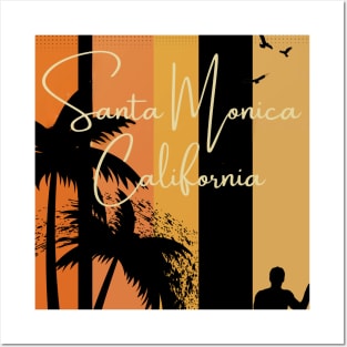 Santa Monica California Palm Tree Surfer Design Posters and Art